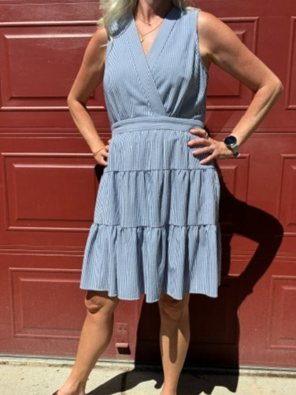 Tommy Hilfiger Navy and White Sleeveless V-Neck Tiered Midi Dress, size 10
